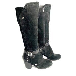 FERGIE Lilith Tall Belted Spat Inspired Black Suede Boot Women 8.5 M